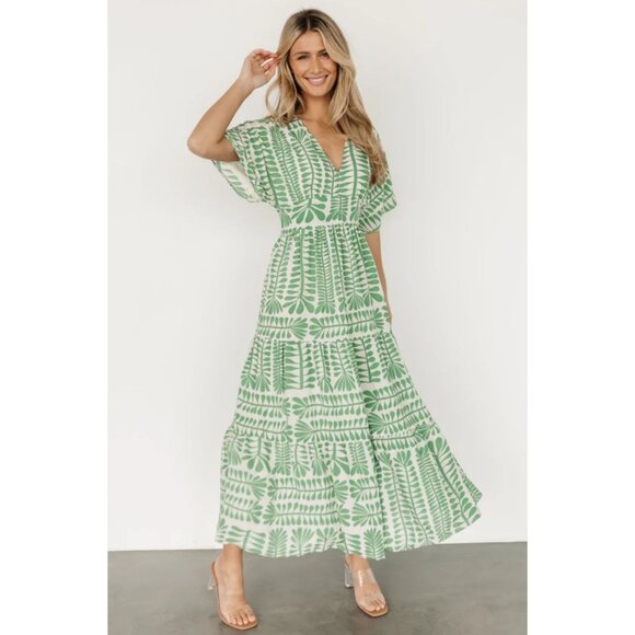 Baltic Born Austin Kimono Dress Midi Fit Flare Retro Green Print Large - Picture 3 of 15